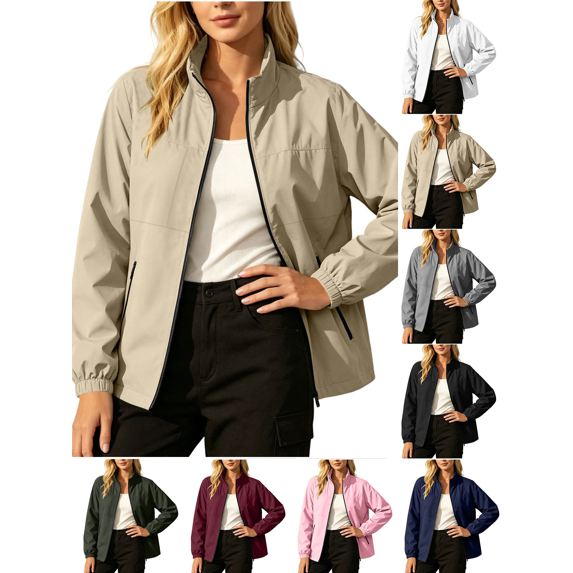 Liuinsasek Women's Waterproof Windbreaker Jacket Long Sleeves Stand-Up Collar Full Zip Closure and Multiple Pockets Everyday Versatile for Outdoor Hiking and Trekking