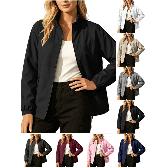 Liuinsasek Women's Waterproof Windbreaker Jacket Long Sleeves Stand-Up Collar Full Zip Closure and Multiple Pockets Everyday Versatile for Outdoor Hiking and Trekking