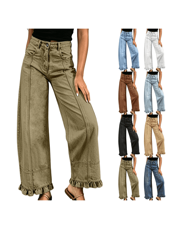 Women's Wide-Leg Jeans Solid Color Patchwork Pleated-Hem Design Loose-Fit Fashion Casual Long Pants