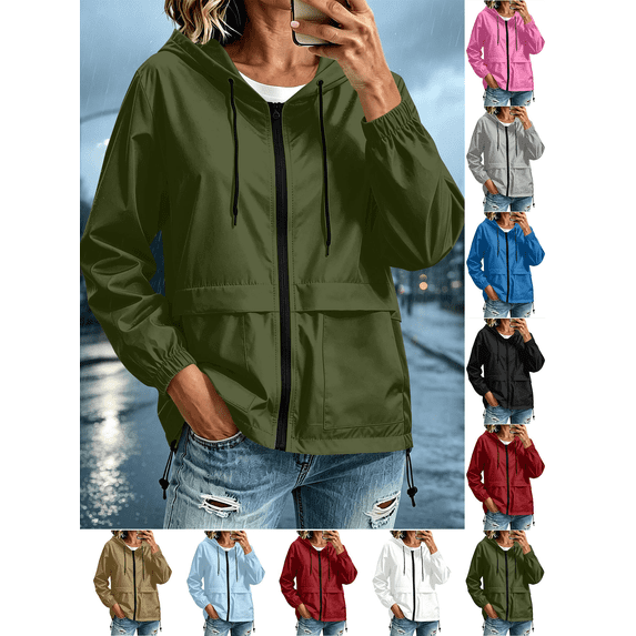 Liuinsasek Women's Windbreaker Fashion Solid Color Long-Sleeve Jacket Hooded Zipper-Pocket Lightweight Waterproof Rain Jacket for Outdoor、Everyday Wear