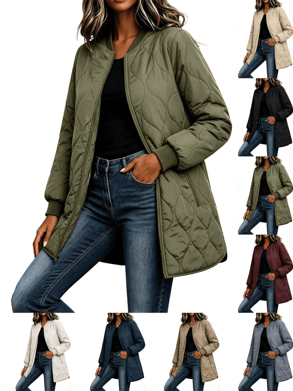 Women's Winter Quilted Jackets Casual Solid Long Sleeve Zipper Mid-Length Puffer Jacket with Pocket Loose Cotton Jacket Outwear Warm and Comfortable