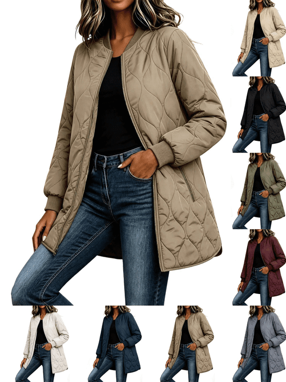 Women's Winter Quilted Jackets Casual Solid Long Sleeve Zipper Mid-Length Puffer Jacket with Pocket Loose Cotton Jacket Outwear Warm and Comfortable