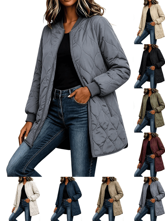 Women's Winter Quilted Jackets Casual Solid Long Sleeve Zipper Mid-Length Puffer Jacket with Pocket Loose Cotton Jacket Outwear Warm and Comfortable
