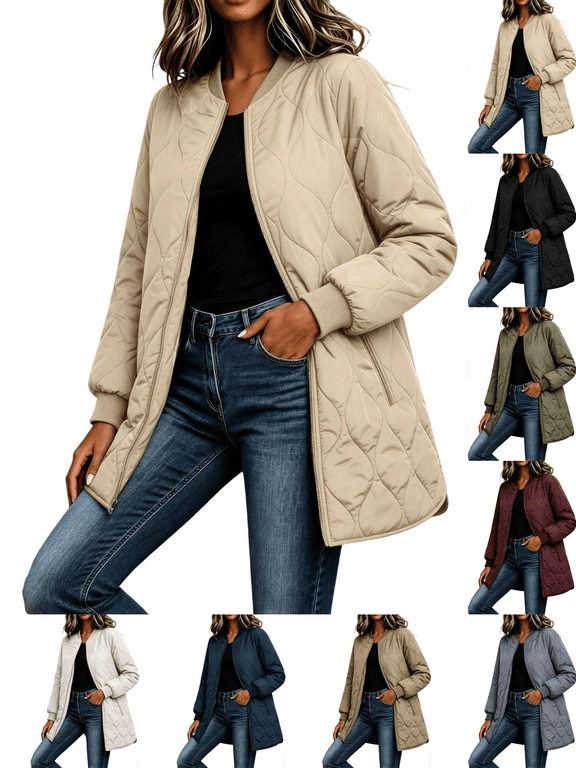Women's Winter Quilted Jackets Casual Solid Long Sleeve Zipper Mid-Length Puffer Jacket with Pocket Loose Cotton Jacket Outwear Warm and Comfortable