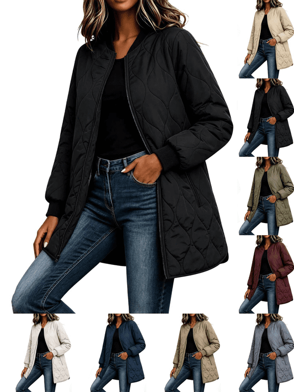 Women's Winter Quilted Jackets Casual Solid Long Sleeve Zipper Mid-Length Puffer Jacket with Pocket Loose Cotton Jacket Outwear Warm and Comfortable