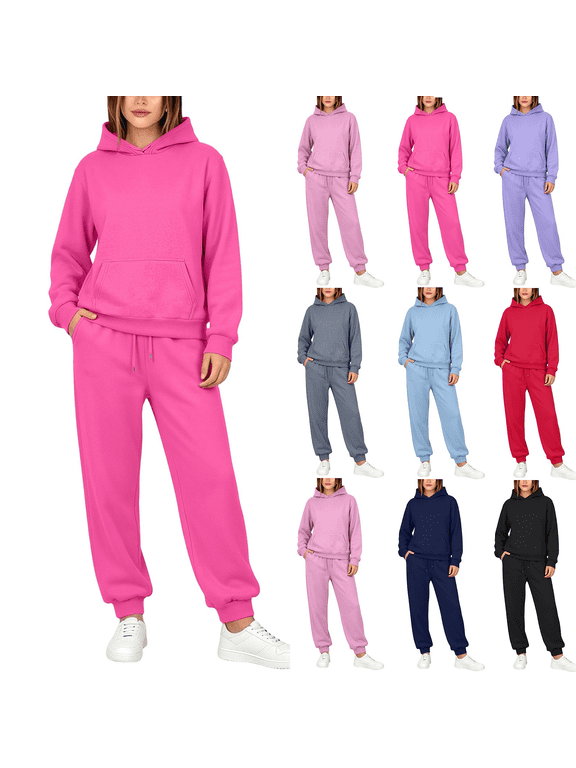 Womens 2 Piece Lounge Sweatsuit Casual Winter Pocket Hooded Hoodie Elastic Waist with Drawstring Sweatpants Suit Winter Fashion Matching Sweat Sets