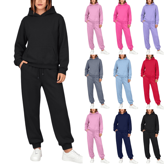 Liuinsasek Womens 2 Piece Lounge Sweatsuit Casual Winter Pocket Hooded Hoodie Elastic Waist with Drawstring Sweatpants Suit Winter Fashion Matching Sweat Sets