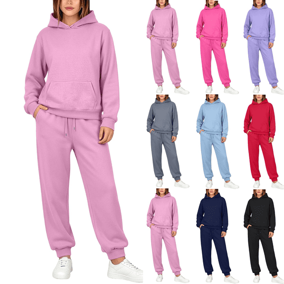 Liuinsasek Womens 2 Piece Lounge Sweatsuit Casual Winter Pocket Hooded Hoodie Elastic Waist with Drawstring Sweatpants Suit Winter Fashion Matching Sweat Sets