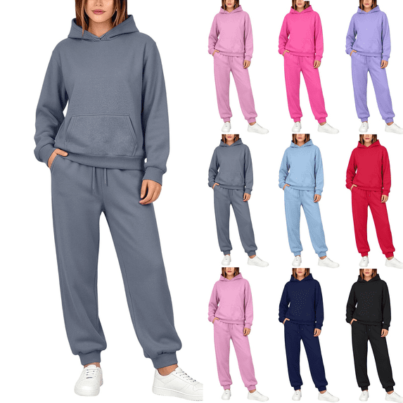 Liuinsasek Womens 2 Piece Lounge Sweatsuit Casual Winter Pocket Hooded Hoodie Elastic Waist with Drawstring Sweatpants Suit Winter Fashion Matching Sweat Sets
