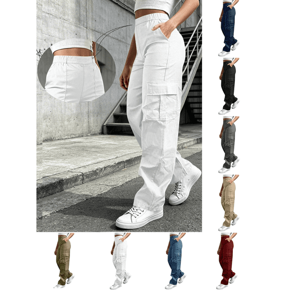 Liuinsasek Womens Cargo Long Pants Solid Color Casual With Elastic Waist Multiple Pockets Outdoor Hiking Sport Pant