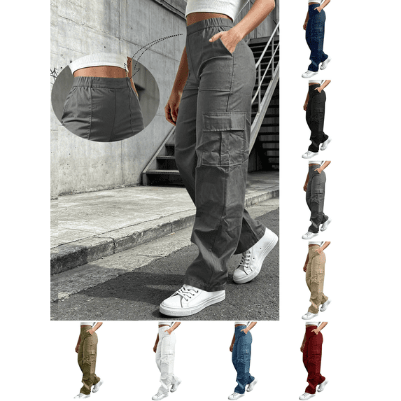 Liuinsasek Womens Cargo Long Pants Solid Color Casual With Elastic Waist Multiple Pockets Outdoor Hiking Sport Pant