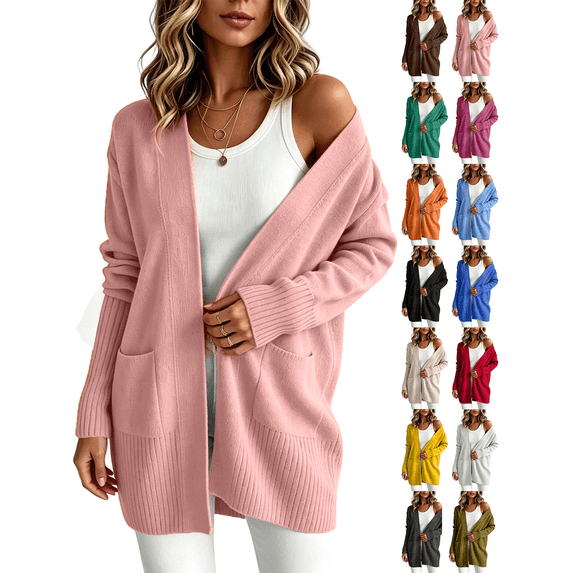 Liuinsasek Womens Casual Cardigan Winter Solid Knit Open Front Sweaters Long Sleeve Cardigan Outerwear Coats with Pockets Fashion Clothing