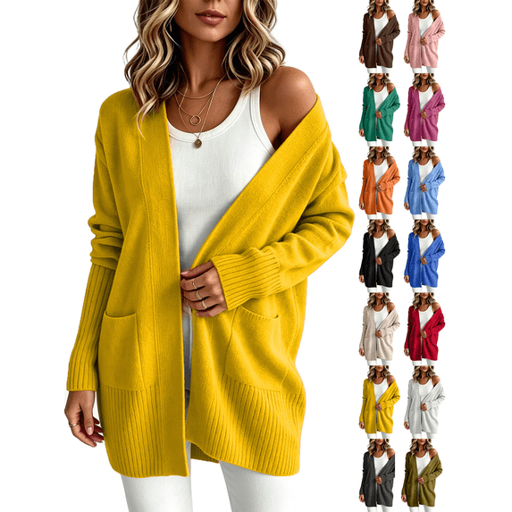 Liuinsasek Womens Casual Cardigan Winter Solid Knit Open Front Sweaters Long Sleeve Cardigan Outerwear Coats with Pockets Fashion Clothing