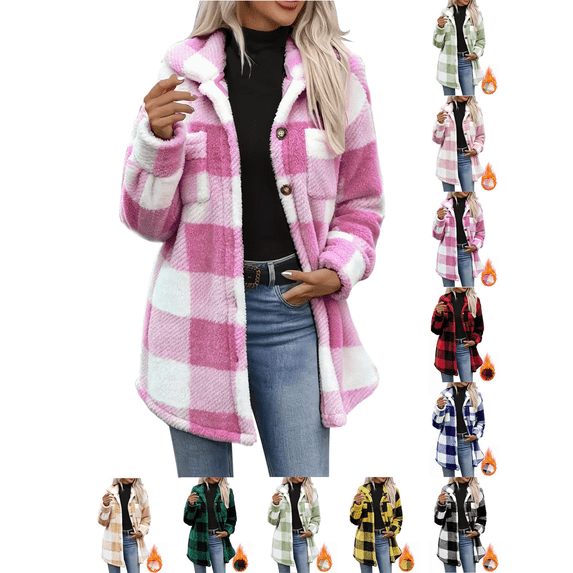 Liuinsasek Womens Casual Jacket Loose Turned-Down Collar Long Sleeve Fleece Checkered Button-Up Flannel Warm Coat for Daily Fall Winter Wear