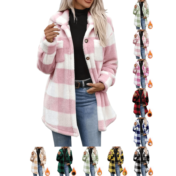 Liuinsasek Womens Casual Jacket Loose Turned-Down Collar Long Sleeve Fleece Checkered Button-Up Flannel Warm Coat for Daily Fall Winter Wear