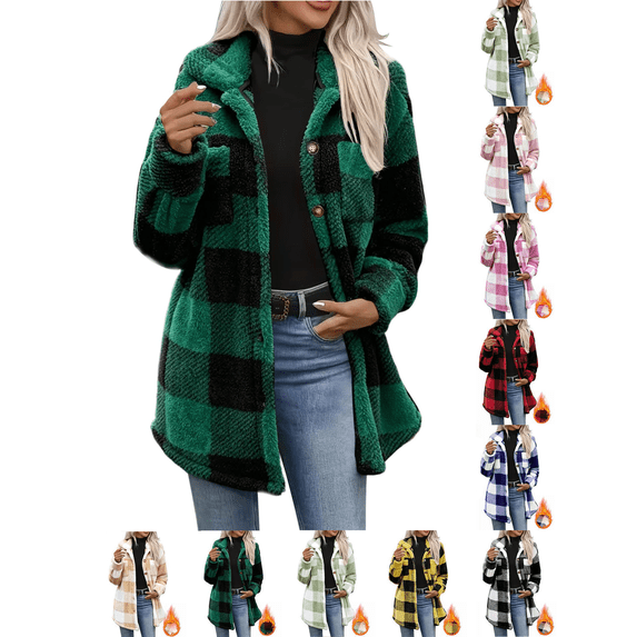 Liuinsasek Womens Casual Jacket Loose Turned-Down Collar Long Sleeve Fleece Checkered Button-Up Flannel Warm Coat for Daily Fall Winter Wear
