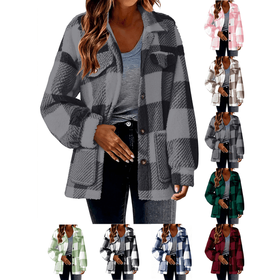 Liuinsasek Womens Casual Jacket Turned-Down Collar Long-Sleeve Fleece Checkered Button-Up Warm Coat with Pockets for Daily Fall Winter Wear