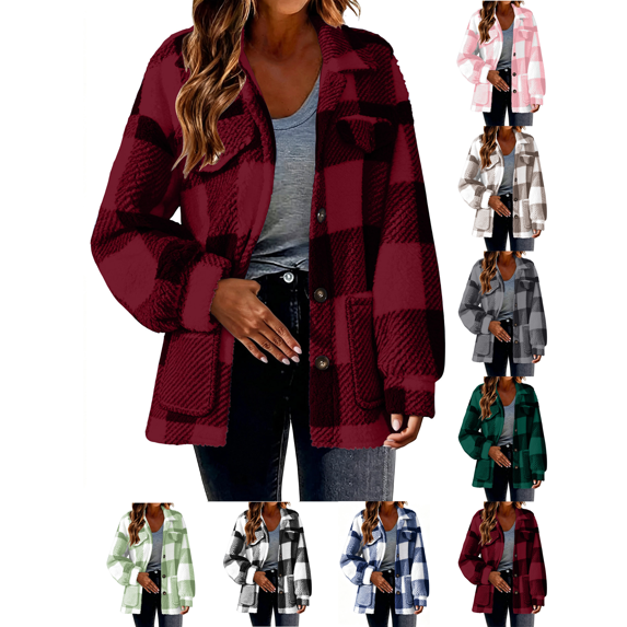 Liuinsasek Womens Casual Jacket Turned-Down Collar Long-Sleeve Fleece Checkered Button-Up Warm Coat with Pockets for Daily Fall Winter Wear
