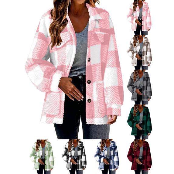 Liuinsasek Womens Casual Jacket Turned-Down Collar Long-Sleeve Fleece Checkered Button-Up Warm Coat with Pockets for Daily Fall Winter Wear