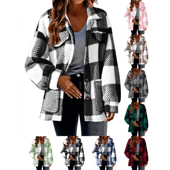 Liuinsasek Womens Casual Jacket Turned-Down Collar Long-Sleeve Fleece Checkered Button-Up Warm Coat with Pockets for Daily Fall Winter Wear