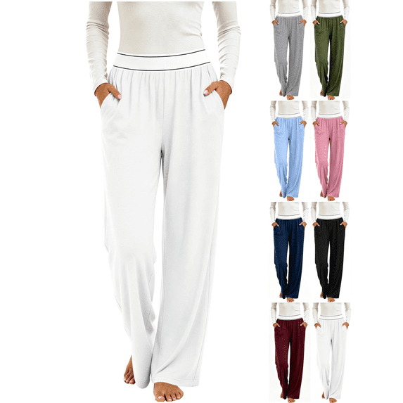 Liuinsasek Womens Casual Lounge Long Pants Fashion Solid Color Lightweight Pajama Pants Elastic Waist with Pockets Wide Leg Yoga Pants