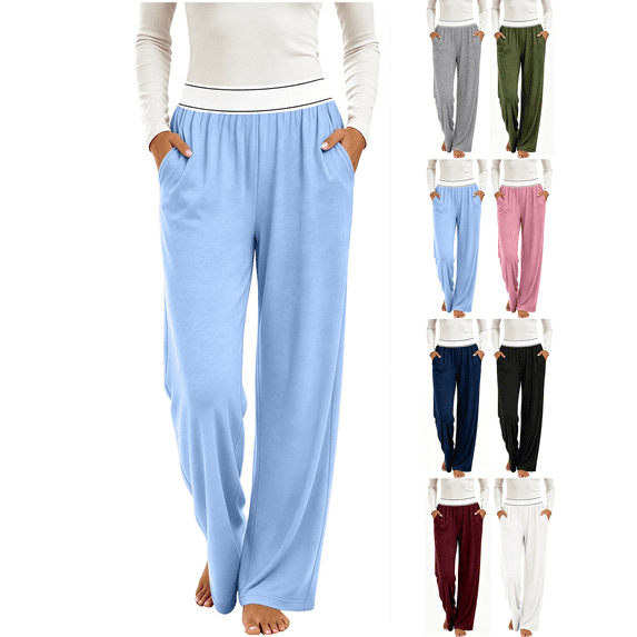 Liuinsasek Womens Casual Lounge Long Pants Fashion Solid Color Lightweight Pajama Pants Elastic Waist with Pockets Wide Leg Yoga Pants
