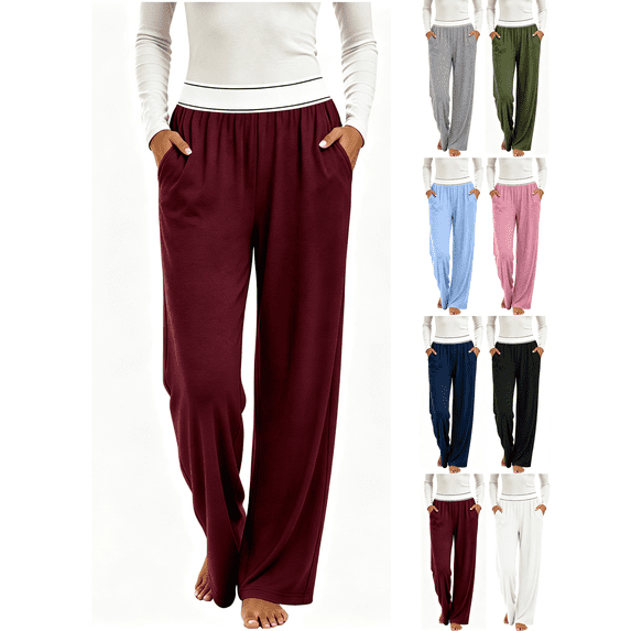 Liuinsasek Womens Casual Lounge Long Pants Fashion Solid Color Lightweight Pajama Pants Elastic Waist with Pockets Wide Leg Yoga Pants