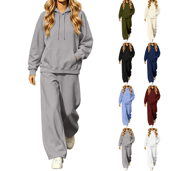 Liuinsasek Womens Casual Sweatshirts Sets Solid-Color Loose-Fit Hooded Drawstring Sweatshirt and Curved-Leg Sweatpants Light Fleece Two-Piece Set