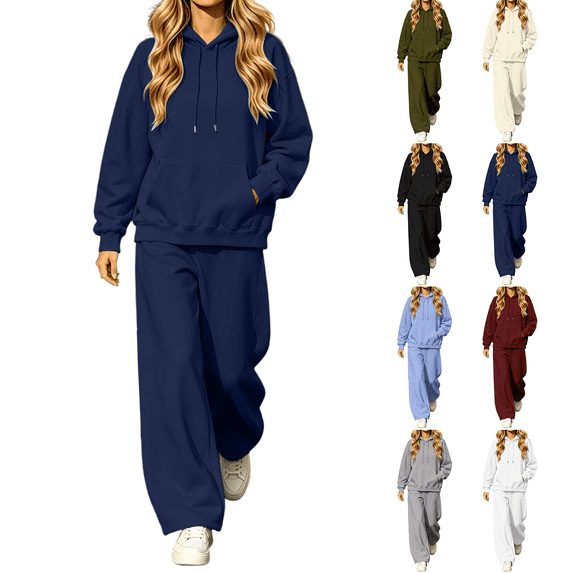 Liuinsasek Womens Casual Sweatshirts Sets Solid-Color Loose-Fit Hooded Drawstring Sweatshirt and Curved-Leg Sweatpants Light Fleece Two-Piece Set