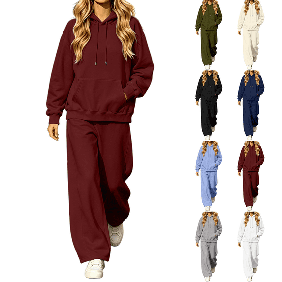Liuinsasek Womens Casual Sweatshirts Sets Solid-Color Loose-Fit Hooded Drawstring Sweatshirt and Curved-Leg Sweatpants Light Fleece Two-Piece Set