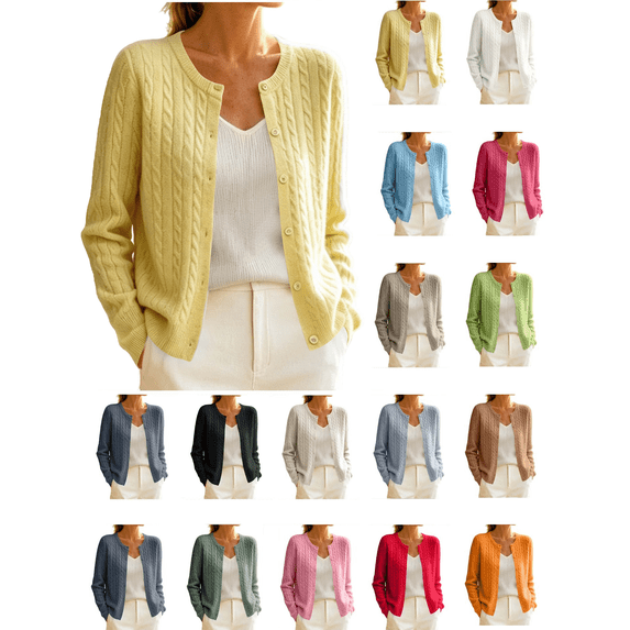 Liuinsasek Womens Cropped Cardigan Fashion Solid Color Long-Sleeve Crew-Neck Button Down Micro-Cable Knit Stylish and Versatile Winter Clothes