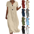 thumbnail image 1 of Liuinsasek Womens Dress Solid Color Casual Round-Neck Lightweight and Flowing Linen Dress Button Accents Short Sleeve Spring and Summer Fashion Outfits, 1 of 7