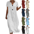 thumbnail image 1 of Liuinsasek Womens Dress Solid Color Casual Round-Neck Lightweight and Flowing Linen Dress Button Accents Short Sleeve Spring and Summer Fashion Outfits, 1 of 7