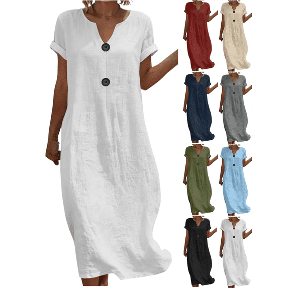 Liuinsasek Womens Dress Solid Color Casual Round-Neck Lightweight and Flowing Linen Dress Button Accents Short Sleeve Spring and Summer Fashion Outfits