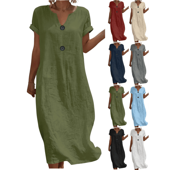 Liuinsasek Womens Dress Solid Color Casual Round-Neck Lightweight and Flowing Linen Dress Button Accents Short Sleeve Spring and Summer Fashion Outfits