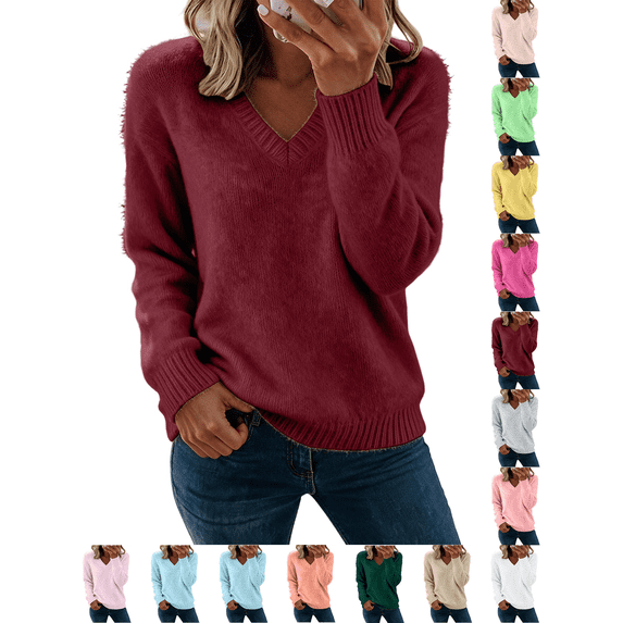 Liuinsasek Womens Fuzzy Sweater Fashion Casual V-Neck Oversized Long Sleeve Soft Fluffy Knit Pullover Top for Fall/Winter Lounge Outfits