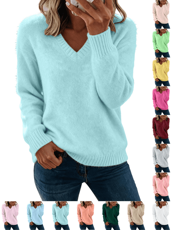 Womens Fuzzy Sweater Fashion Casual V-Neck Oversized Long Sleeve Soft Fluffy Knit Pullover Top for Fall/Winter Lounge Outfits