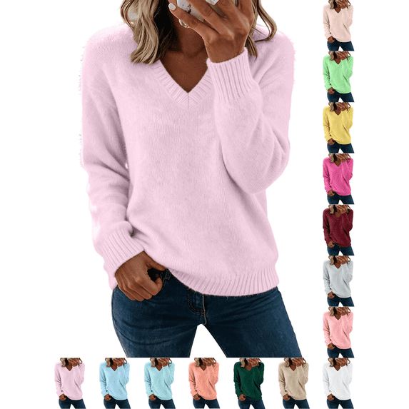 Liuinsasek Womens Fuzzy Sweater Fashion Casual V-Neck Oversized Long Sleeve Soft Fluffy Knit Pullover Top for Fall/Winter Lounge Outfits