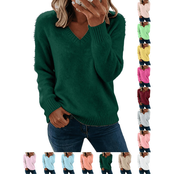 Liuinsasek Womens Fuzzy Sweater Fashion Casual V-Neck Oversized Long Sleeve Soft Fluffy Knit Pullover Top for Fall/Winter Lounge Outfits