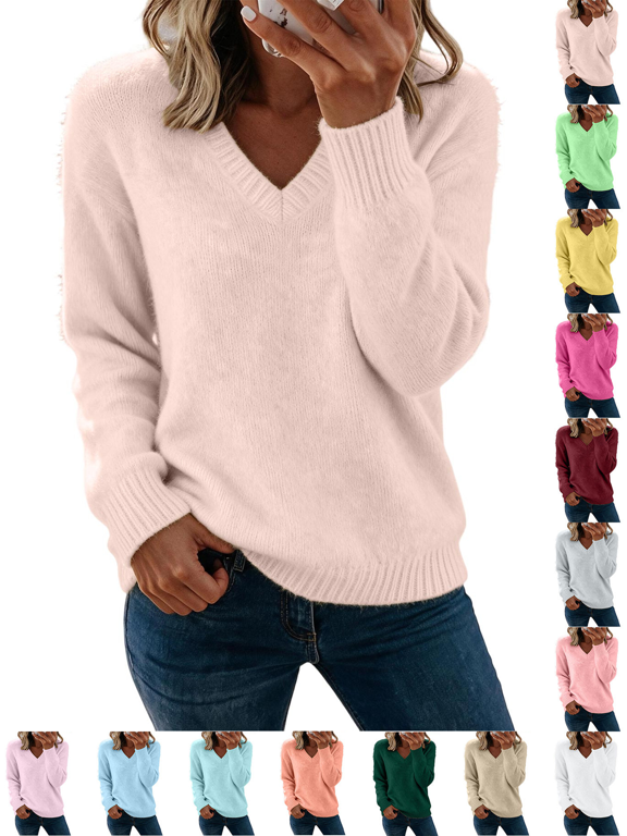 Womens Fuzzy Sweater Fashion Casual V-Neck Oversized Long Sleeve Soft Fluffy Knit Pullover Top for Fall/Winter Lounge Outfits