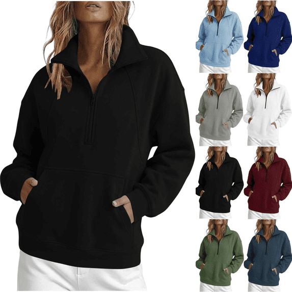 Liuinsasek Womens Half Zip Lapel Casual Sweatshirts Solid Color Sports Loose Hoodless Sweatshirt Winter Loungwear Outfits