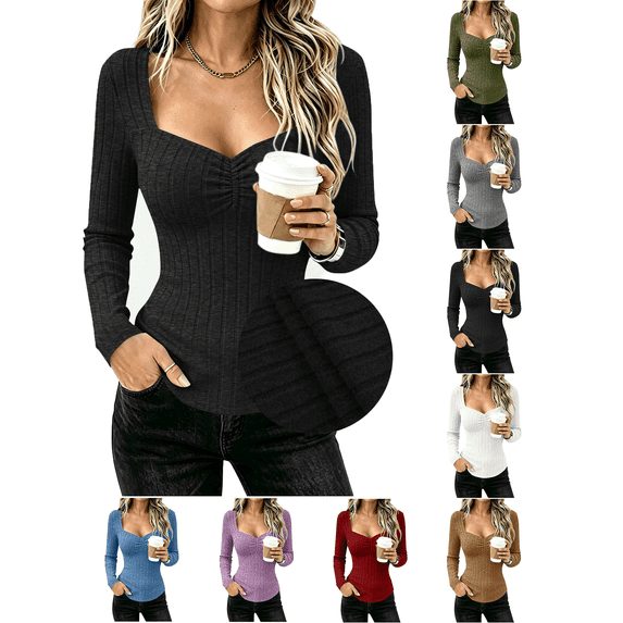 Liuinsasek Womens Long-Sleeve Fitted Top Fashionable Casual Solid-Color Brushed Ribbed Square Neck Knit Pullover |Wear On Its Own or As Layering Piece