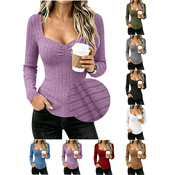 Liuinsasek Womens Long-Sleeve Fitted Top Fashionable Casual Solid-Color Brushed Ribbed Square Neck Knit Pullover |Wear On Its Own or As Layering Piece