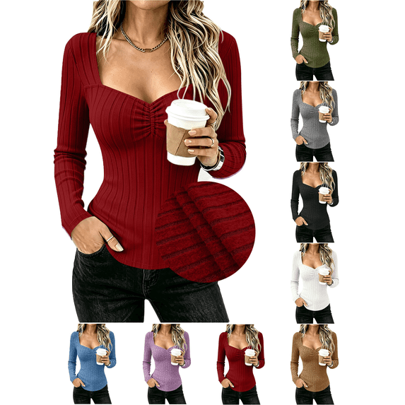 Liuinsasek Womens Long-Sleeve Fitted Top Fashionable Casual Solid-Color Brushed Ribbed Square Neck Knit Pullover |Wear On Its Own or As Layering Piece