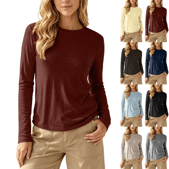 Liuinsasek Womens Long Sleeve Shirts Solid Color Crew-Neck Straight-Shoulder Sleeve Base Layer Top Casual Classic Top Winter Clothing