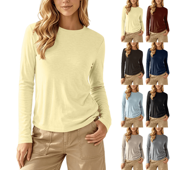 Liuinsasek Womens Long Sleeve Shirts Solid Color Crew-Neck Straight-Shoulder Sleeve Base Layer Top Casual Classic Top Winter Clothing