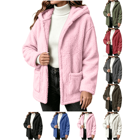 Liuinsasek Womens Loose Fuzzy Outerwear Solid Color Fashionable Hooded Warm Long-Sleeved Fleece Fluffy Jacket with Pockets for Winter