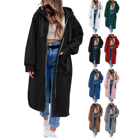 Liuinsasek Womens Oversized Long Hooded Sweatshirt Solid Color Casual Warm with Zipper and Pockets Winter Long Sweatshirt Coat