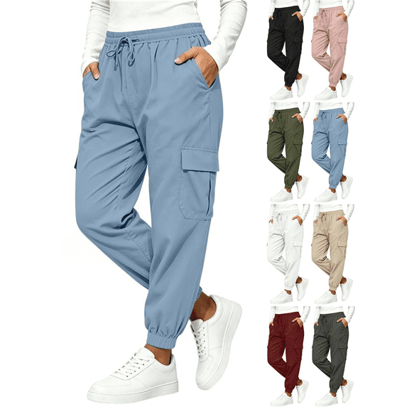 Liuinsasek Womens Tapered Cargo Pants Casual Solid-Color Drawstring Elastic Waist with Side Pockets for Outdoor Sports Running Fitness