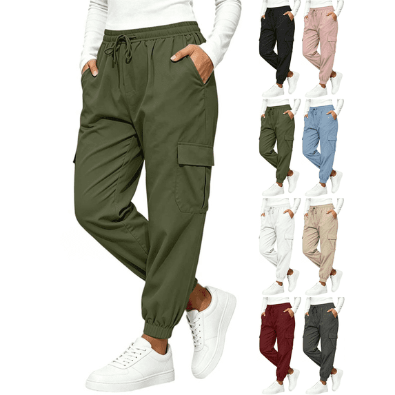 Liuinsasek Womens Tapered Cargo Pants Casual Solid-Color Drawstring Elastic Waist with Side Pockets for Outdoor Sports Running Fitness